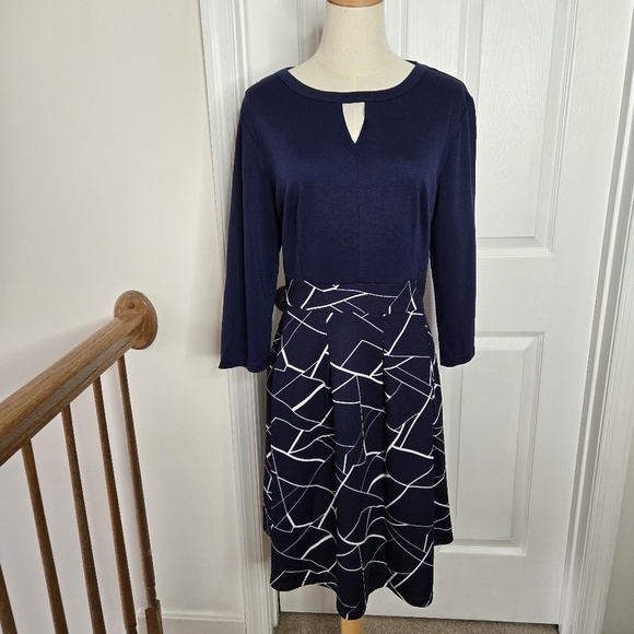 iHot Navy Blue 3/4 Sleeve Midi Pockets Fit and Flare A-Line Swing Dress Sz XL - Picture 2 of 16